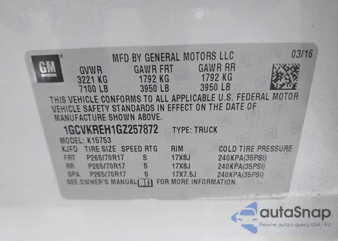 2016 Chevrolet Silverado 1500 Lt из США, поврежденный, VIN 1GCVKREH1GZ257872